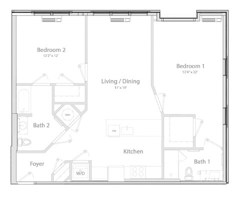 Floor plan for 2 beds, 2 baths, 1108 sqft